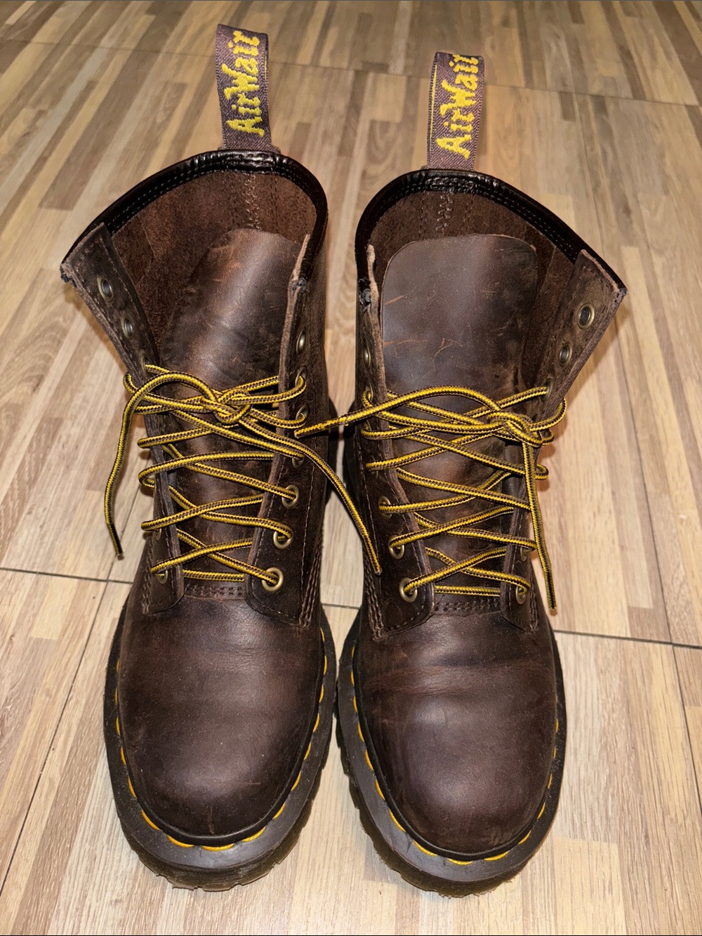 Dr. Martens Dark Brown Leather Lace-Up Boots with Yellow Stitching